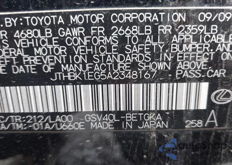 2010 Lexus Es 350 z USA, uszkodzony, nr VIN JTHBK1EG5A2348167